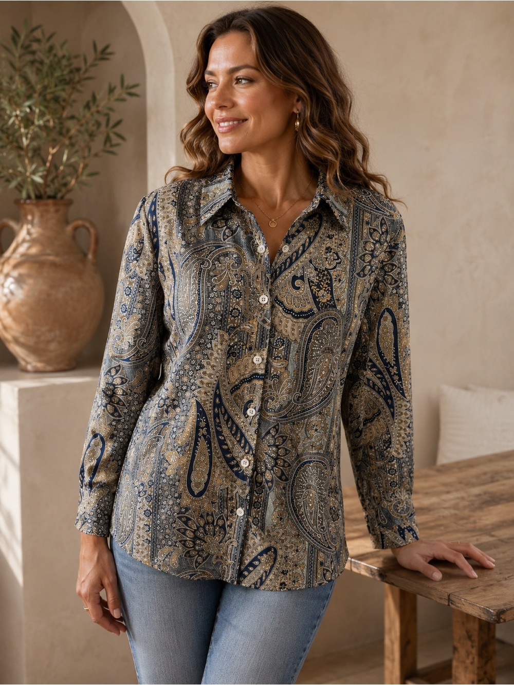 164) Paisley Button Front Blouse | Boho Blue Beige Printed Shirt Top